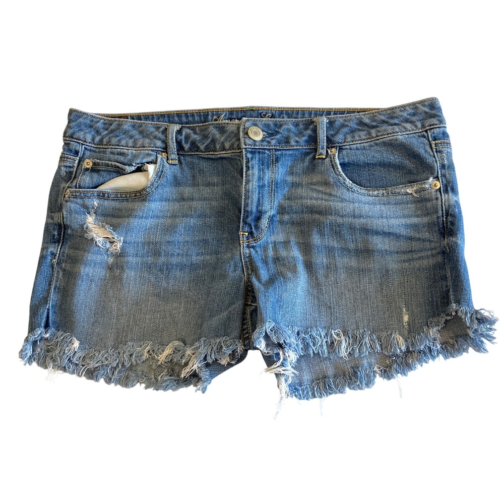 American Eagle Women 14 (34" W) Stretch Denim Shorts Frayed Raw Hem Distressed‎